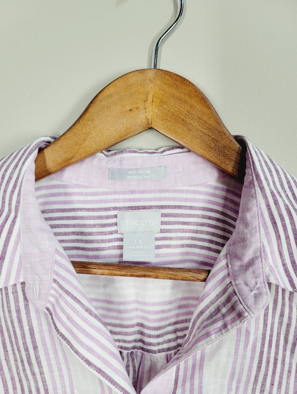 Chico's No Iron Plum Striped Linen Shirt, Size 1.5 (10) - Picture 4 of 5